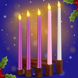Mifoci 6 Pcs Flameless Advent Candle Set Including 1 Candle Holder Walnut Candlestick Holders and 5 Battery Operated LED Candle For Advent Thanksgiving Christmas Outdoor Centerpieces Purple Pink White
