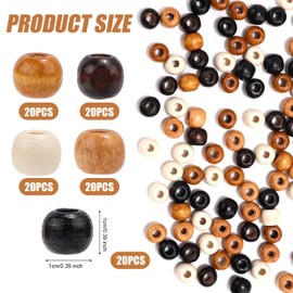 100pcs Large Hole Wooden Beads for Crafts, 10mm Vintage Round Natural Beads, Big Wood Braid Hair Beads, 5 Colors Macrame Wide Loose Spacer Beads for Necklace Bracelet Jewelry Making DIY Crafts