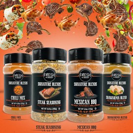 Fresh Finest Meat Seasonings and Rubs Gift Set – Montreal Steakhouse, Shawarma, Mexican BBQ, Chili Mix – Kosher, Gluten-Free, Non-GMO – Perfect for Grilling and Flavorful Dinners (4-Pack)