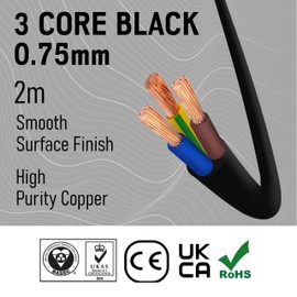 Primes DIY 3 Core Round Black Flex Flexible Cable, stranded electrical copper wire, Insulated Flexible PVC Wire, Stranded Wire High Temperature Resistance, 3182Y BASEC Approved 0.75mm(2 Meter)