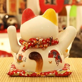 HODESunPure Chinese Lucky Cat Waving Arm Statue Ceramic Maneki Neko Money Fortune Cat Decorations for Store Company Opening, Office, Cash Register, Desk Decor (9")