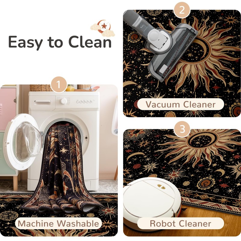 meejou Vacuum-Friendly, 5x7 Washable Area Rug, Black Gold Beige Red