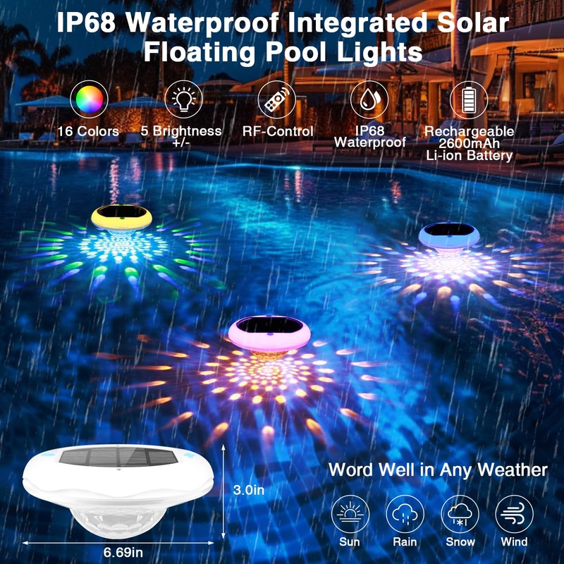 Solar Powered and USB Rechargeable Floating Pool Lights, 6.69 Inch