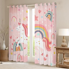 Homemissing Cute Unicorn Curtains (2 Panels,W46*L54) For Kids Girls Teens Rainbow Window Curtains Rainbow Unicorn Decor 30%-50% Blackout Curtains Cartoon Animal Pink Window Treatments