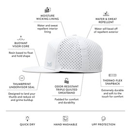 melin Trenches Icon Hydro, White, Men's Performance Snapback Hats, Water-Resistant Fitted Flat Bill Baseball Caps for Men & Women, Golf, Running, or Workout Hat, XL