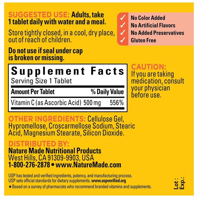 Nature Made Vitamin C 500 mg Tablets, Dietary Supplement, Vitamin