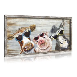Animals Framed Wooden Wall Art: Farmhouse Artwork Print Modern Farm Funny Pig Cow Donkey Wall Art with Sunglasses Diamond Floral Crown Country Picture for Nursery Kitchen Bathroom Bedroom Living Room