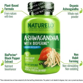 NATURELO Ashwagandha Organic Root Natural Herbs Supplement 90 Vegan Capsules