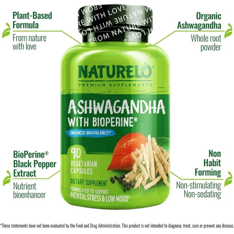 NATURELO Ashwagandha Organic Root Natural Herbs Supplement 90 Vegan Capsules