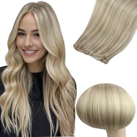 Full Shine Genius Weft Hair Extensions Hand Tied Weft Extensions Color Ash Blonde Mix Golden Blonde Human Hair Sew In Extensions For Women Weft Human Hair Extensions Sew In 20 Inch 80G