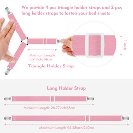 Eiruseed Bed Sheet Holder Straps, 4+2 Pcs Adjustable Mattress Sheet Clips, Bed Sheet Fasteners Elastic Sheet Suspenders to Keep Bed Sheet in Place for Different Beds (Pink)