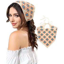 AWAYTR Crochet Head Scarf Hair Bandanas for Women Knit Bandana Headband Scarf Tie-Back Head Coverings Floral Headscarf for Girls (Orange + Blue)