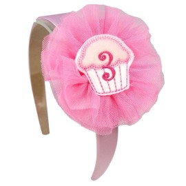 3rd Birthday Girls Arch Headband with Monogrammed Cupcake and Tulle Flower