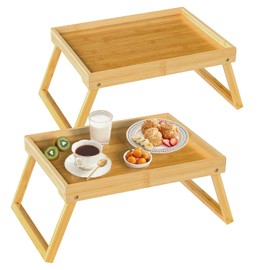 Bed Tray Table with Folding Legs, Bamboo Breakfast in Bed Tray for Eating, TV Table, Snack, Food, Dinner, Laptop, Computer Tray,Eating, Serving Tray, Beige 2 Pack