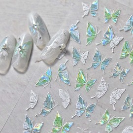 1Sheet Aurora Butterfly Nail Stickers 5D Embossed Butterfly Nails Art Decals Laser Butterflies Nails Designs Summer Nail Decals Cute Shiny Nail Sticker for Women Manicure Decoration