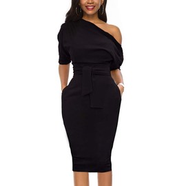 Nature Comfy Elegant Womens Wear to Work Casual one Shoulder Belted Pencil Dress with Pockets (2XL, Classic Black)