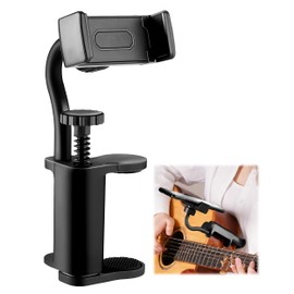 360° Rotatable Guitar Phone Holder, Adjustable Mount for Acoustic/Ukulele/Bass, Universal Clip with Silicone Pads, Fits 2.36-4.13" Headstocks, Hands-Free for Sheet Music, Recording & Live Streaming