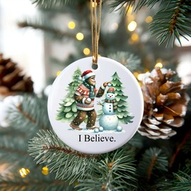 I Believe Bigfoot and Snowman Christmas Tree Ornament, 3 inches, White