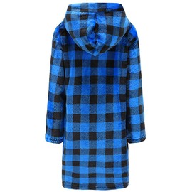ECGK Boys Fleece Robe, Hooded Toddler Soft Fuzzy Bathrobe for Kids 2-16 Years Blue Plaid 15-16 Years