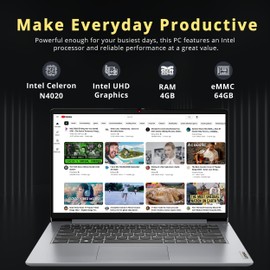 Lenovo 2022 Ideapad 1i 14" HD Laptop, Intel Celeron N4020 Processor, 4GB RAM, 64GB eMMC Flash Memory, Intel HD Graphics 500, HD Webcam, Stereo Speakers, Cloud Grey, Windows 11S, 128GB USB Card