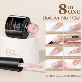 Modelones Builder Nail Gel 6 Colors, 8-in-1 Builder Gel Set for Nails, Hard Gel Builder Nail Strengthener Extension Color Gel Base Gel Rhinestone False Nail Tips Glue Gel in a Bottle, Gifts for Women