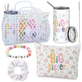 Skybooly 5 Pcs Big Sisters Gift Basket from Sister Rainbow Gift 14oz Tumbler Cup Cute Makeup Bag Scrunchy Bracelet Plastic Basket from New Baby Sibling Announcement Birthday