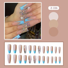 Press on Square Nails Medium Length Glossy Full Cover Acrylic Blue French False Nails with Rhinestone Floral Designs Artificial Square Shaped Fake Nails with Charms Glue ons Fingernails for Women
