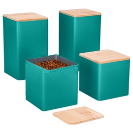 Regal Trunk Wooden Food Storage Containers - Metal Canisters with Bamboo Lids - Set of 4 (Large 8.5x8.5x15cm, Small 8.5x8.5x8.5cm) - Ideal Housewarming Gift for Modern Kitchens - Blue/Turquoise