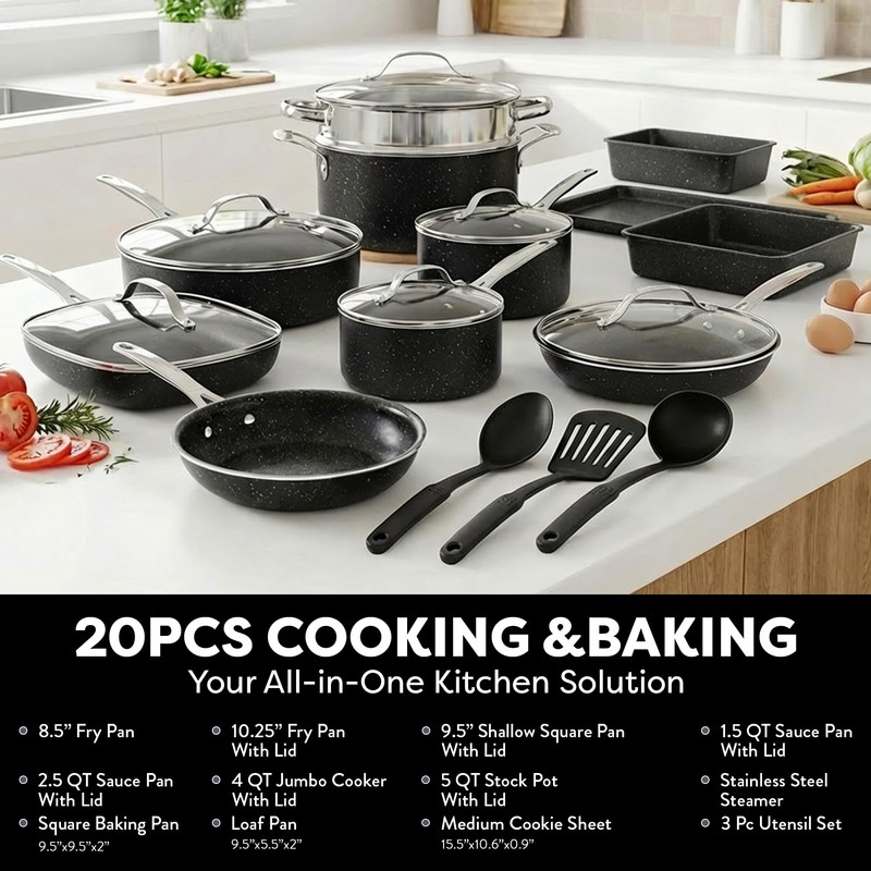 GRANITESTONE 20 Pc Complete Pots and Pans Set Non Stick