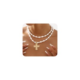 Layered Chunky Cross Pendant Pearl Necklace,Vintage Plated Gold Crucifix Pearl Statement Choker,Aesthetic Layering Cross Pendant Collar Necklace (Gold)