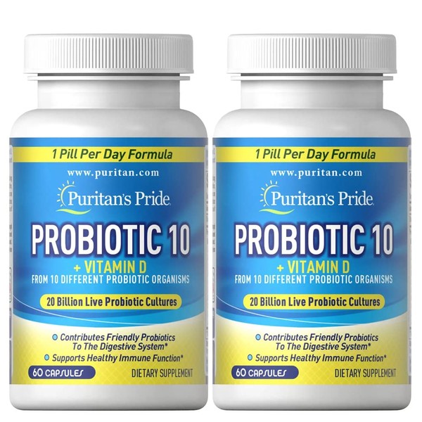 Puritan's Pride Probiotic 10 with Vitamin D, 60 Capsules (Pack of 2)