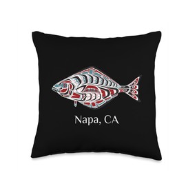 Napa California PNW Native American Tribal Halibut Napa California PNW Art Native American Halibut Tribal Gift Throw Pillow, 16x16, Multicolor