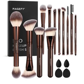 MAGEFY Brochas para Maquillaje Profesional, 17 PCS Brochas de Maquillaje de Doble Punta Kit de Aluminio con 4 Esponjas y Caja de Regalo (Marrón)      