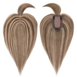 MY-LADY Hair Topper for Women Human Hair for Thinning Hair Loss 7 * 13CM Silk Base 150% Density Real Remy Hair with Bangs Clip in Hair Pieces Straight Hairpiece 14 Inch Medium Brown & Dark Blonde