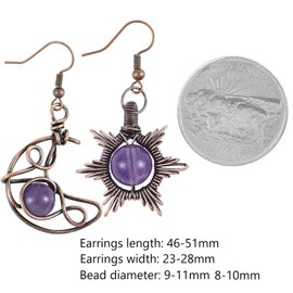 Nupuyai Amethyst Crystal Stone Star Moon Sun Drop Earrings for Women, Vintage Wire Wrap Bead Dangle Earrings for Party Wedding Vacation