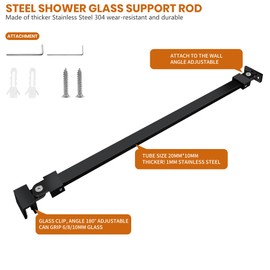 Shower Door Support Bar Rod, 18.11 Inch Length Stainless Steel Wall-to-Glass Brace, for 1/4"(6mm) 5/16"(8mm) 3/8"(10mm) Thick Framless Glass Door, Matte Black