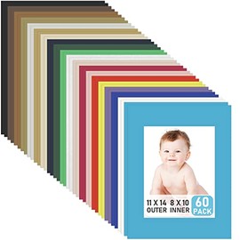 60 Pack Picture Mats 11 x 14 Inch Frame Mattes Matting with Acid Free Pre Cut Mattes White Core Bevel Cut Mats for 8 x 10 Pictures for Gallery Wall Art Wall Hanging Home Decoration (Mixed Colors)