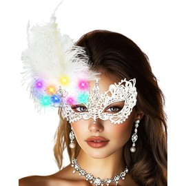 Campsis Light Up Masquerade Mask, Led White Masquerade Ball Mask, Rhinestone Venetian Mask for Women