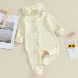 SAYOO Newborn Baby Girls Boys Footed One-Piece Romper Waffle Knit Zipper Jumpsuit with Mitten Cuffs Fall Coming Home Outfit (A Creamy, Newborn)