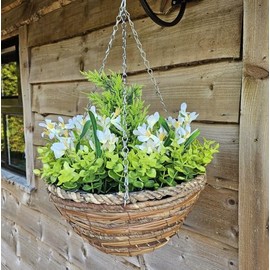 Best Artificial Mini Daffodil Display in 10 inch Woven Decorative Hanging Basket - Suitable for Outdoor use (White)