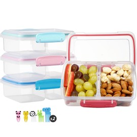 4 Pack Plastic Snack Containers for Kids Bento Boxes with 2 Compartments Travel Snack Container Sandwiches/Fruits/Candies Food Storage Containers BPA Free Dishwasher Safe