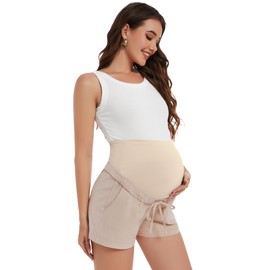 FABRACK Women's Maternity Shorts Linen-Look Drawstring Cotton Shorts Over Belly Summer Casual Pregnancy Clothes with Pockets(Khaki, Large)