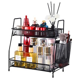 Bathroom Organizer with Basket, 2-Tier Bathroom Organizer Countertop ,Bathroom Counter Organizer, Skincare Organizer and Kitchen Counter Organizers Spice Rack(Black)