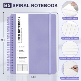 Lined Spiral Journal Notebook, B5 Spiral Notebook, 7.8''×10'' Journaling Notebooks for Work, School, Women, College Ruled Spiral Notebook, Hardcover Leather Notebook for Note Taking Business, Purple