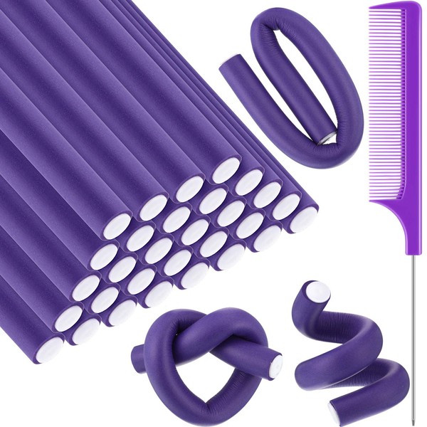30 Pieces Flexible Curling Rods Twist Foam Hair Rollers Soft Foam No Heat Hair Rods Rollers and 1 Steel Pintail Comb Rat Tail Comb for Women Girls Long and Short Hair (Purple, 9.45 x 0.55 Inch)