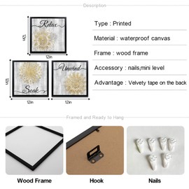 Black Framed Gold Grey Mandala Wall Art Lotus Flower Bathroom Relax Soak Unwind Quote Art Prints Artwork for Living Room, Bedroom, Office & Home Decor