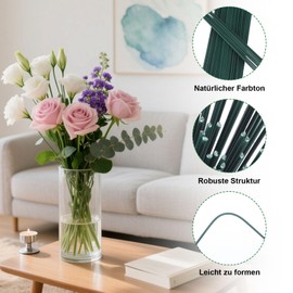 50 flower wires, green, 2 mm x 30 cm, flower trunk wire with 2 florist ribbons, wire for crafts, for homemade wreaths, bouquets or other crafts