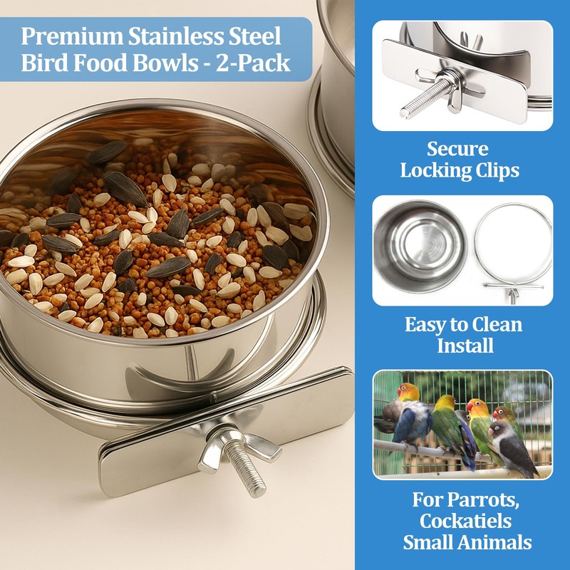 2 Pack Stainless Steel Bird Food Bowl Small Bird Feeding