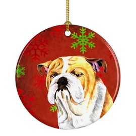 Caroline's Treasures SC9414-CO1 Bulldog English Red and Green Snowflakes Holiday Christmas Ceramic Ornament, 3 in, Multicolor