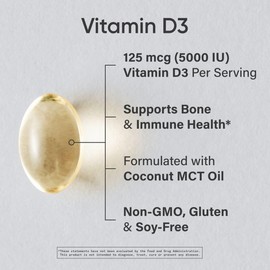 Sports Research Vitamin D3 5000 IU with Coconut MCT Oil - High Potency Vitamin D Supplement for Immune & Bone Support - Non-GMO Verified, Gluten & Soy Free – 125mcg, 360 Liquid Softgels